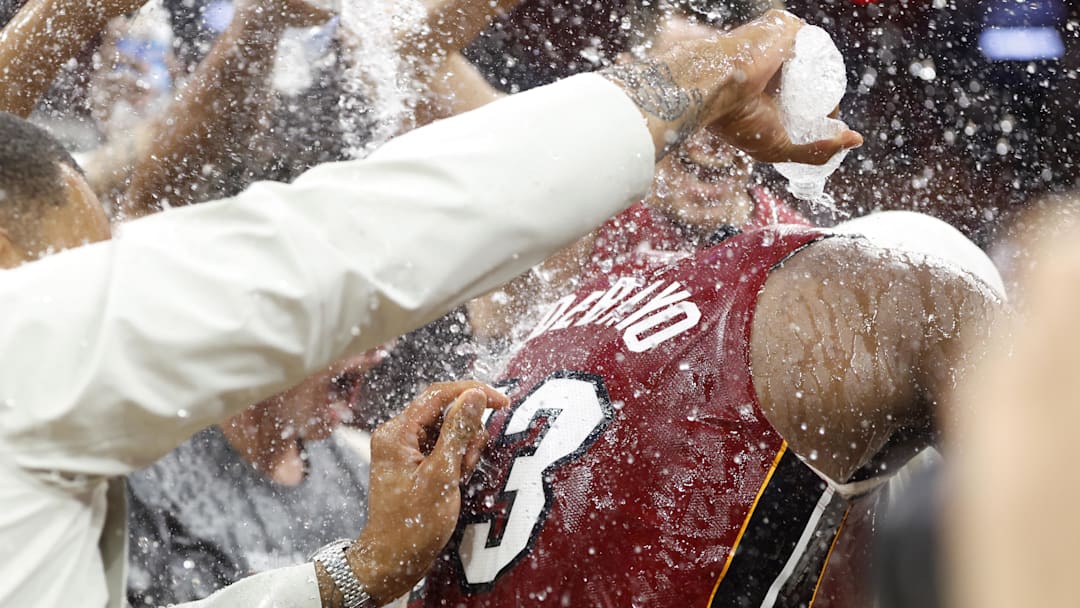 Mar 10, 2026; Miami, Florida, USA;  Miami Heat center Bam Adebayo (13) celebrates with teammates after becoming the NBA's second highest scorer of points, with 83 in a game against the Wshington Wizards at Kaseya Center. Mandatory Credit: Rhona Wise-Imagn Images
