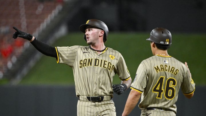 Aug 26, 2024; St. Louis, Missouri, USA;  San Diego Padres center fielder Jackson Merrill (3) reacts after hitting a one run single against the St. Louis Cardinals during the fifth inning at Busch Stadium. Mandatory Credit: Jeff Curry-USA TODAY Sports