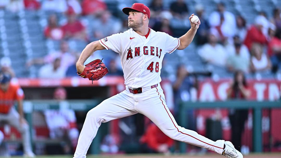 Jun 10, 2026; Anaheim, California, USA; Los Angeles Angels pitcher Reid Detmers (48) delivers during the first inning against the Houston Astros at Angel Stadium. Mandatory Credit: William Liang-Imagn Images