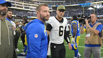 Nov 2, 2025; Inglewood, California, USA; Los Angeles Rams head coach Sean McVay and New Orleans Saints quarterback Tyler Shough (6) meet on the field following a game at SoFi Stadium. Mandatory Credit: Jayne Kamin-Oncea-Imagn Images
