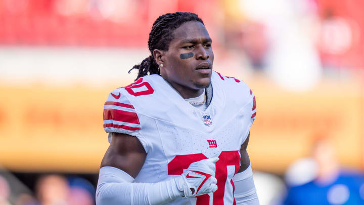 September 21, 2023; Santa Clara, California, USA; New York Giants cornerback Darnay Holmes (30) before the game against the San Francisco 49ers at Levi's Stadium. Mandatory Credit: Kyle Terada-USA TODAY Sports