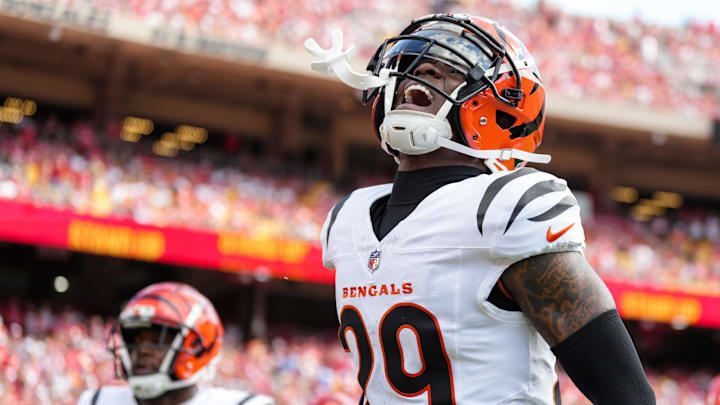 Sep 15, 2024; Kansas City, Missouri, USA; Cincinnati Bengals cornerback Cam Taylor-Britt (29) reacts during the first half against the Kansas City Chiefs at GEHA Field at Arrowhead Stadium.