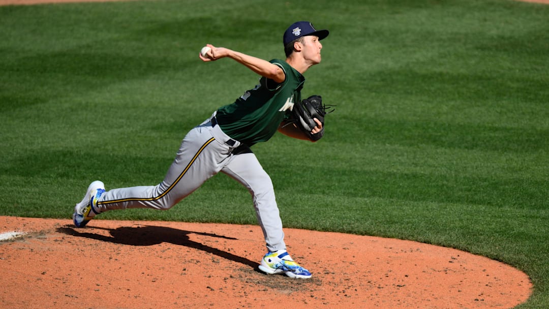 Jul 8, 2023; Seattle, Washington, USA; National League Futures relief pitcher Jacob Misiorowski (32) of the Milwaukee Brewers pitches to the American League during the fourth inning of the All Star-Futures game at T-Mobile Park. Mandatory Credit: Steven Bisig-Imagn Images
