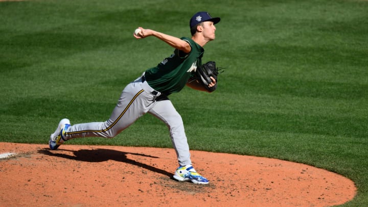 Jul 8, 2023; Seattle, Washington, USA; National League Futures relief pitcher Jacob Misiorowski (32) of the Milwaukee Brewers pitches to the American League during the fourth inning of the All Star-Futures game at T-Mobile Park. Mandatory Credit: Steven Bisig-USA TODAY Sports