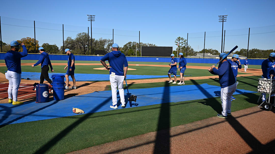 Feb 13, 2026; Dunedin, FL, USA;Members of the Toronto Blue Jays workout during spring training at the Bobby Mattick Training Center at Englebert Complex. 