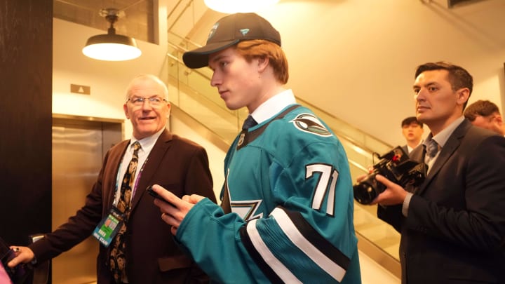 Jun 28, 2024; Las Vegas, Nevada, USA; San Jose Sharks 1st overall pick Macklin Celebrini looks on in the first round of the 2024 NHL Draft at The Sphere. Mandatory Credit: Joe Camporeale-USA TODAY Sports