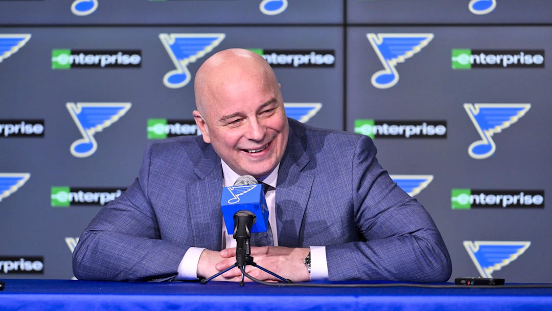 Apr 5, 2025; St. Louis, Missouri, USA;  St. Louis Blues head coach Jim Montgomery talks with the media after the Blues won their franchise record 12th straight win with a victory over the Colorado Avalanche at Enterprise Center. Mandatory Credit: Jeff Curry-Imagn Images
