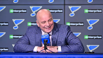 Apr 5, 2025; St. Louis, Missouri, USA;  St. Louis Blues head coach Jim Montgomery talks with the media after the Blues won their franchise record 12th straight win with a victory over the Colorado Avalanche at Enterprise Center. Mandatory Credit: Jeff Curry-Imagn Images