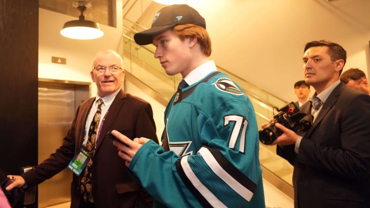 Jun 28, 2024; Las Vegas, Nevada, USA; San Jose Sharks 1st overall pick Macklin Celebrini looks on in the first round of the 2024 NHL Draft at The Sphere. Mandatory Credit: Joe Camporeale-USA TODAY Sports