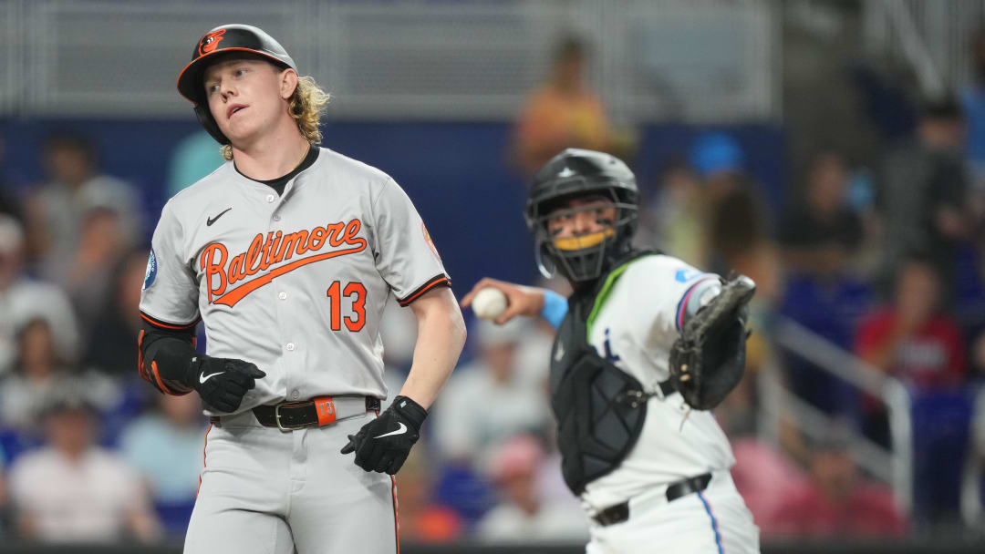 Jul 24, 2024; Miami, Florida, USA;  Baltimore Orioles right fielder Heston Kjerstad (13) strikes out in the second inning against the Miami Marlins at loanDepot Park.