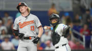Jul 24, 2024; Miami, Florida, USA;  Baltimore Orioles right fielder Heston Kjerstad (13) strikes out in the second inning against the Miami Marlins at loanDepot Park.