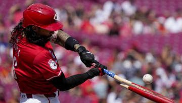 Jul 13, 2024; Cincinnati, Ohio, USA; The bat shatters as Cincinnati Reds second base Jonathan India (6) flies out in the in the first inning of the MLB National League game between the Cincinnati Reds and the Miami Marlins at Great American Ball Park in downtown Cincinnati on Saturday, July 13, 2024. 
Mandatory Credit: Sam Greene-The Cincinnati Enquirer-USA TODAY Sports