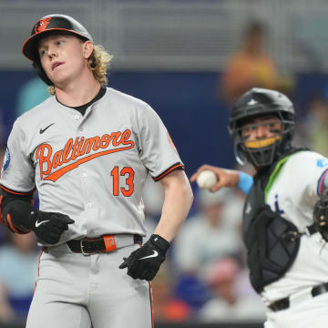 Jul 24, 2024; Miami, Florida, USA;  Baltimore Orioles right fielder Heston Kjerstad (13) strikes out in the second inning against the Miami Marlins at loanDepot Park.