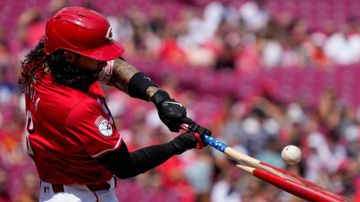 The bat shatters as Cincinnati Reds second base Jonathan India (6) flies out in the in the first inning of the MLB National League game between the Cincinnati Reds and the Miami Marlins at Great American Ball Park in downtown Cincinnati on Saturday, July 13, 2024. The Reds led 1-0 after two innings.