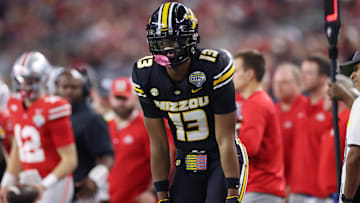 Dec 29, 2023; Arlington, TX, USA;  Missouri Tigers defensive back Daylan Carnell (13) reacts after a play in the second quarter against the Ohio State Buckeyes at AT&T Stadium. Mandatory Credit: Tim Heitman-Imagn Images