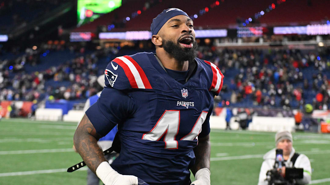 Jan 11, 2026; Foxborough, MA, USA; New England Patriots linebacker K'Lavon Chaisson (44) jogs off the field after defeating the Los Angeles Chargers in an AFC Wild Card Round game at Gillette Stadium. Mandatory Credit: Eric Canha-Imagn Images