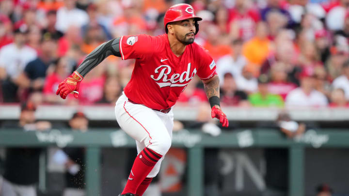 May 4, 2024; Cincinnati, Ohio, USA; Cincinnati Reds first base Christian Encarnacion-Strand (33) sees a fly ball land in short right field for a hit in the second inning of a baseball game against the Baltimore Orioles at Great American Ball Park. Mandatory Credit: The Cincinnati Enquirer-USA TODAY Sports