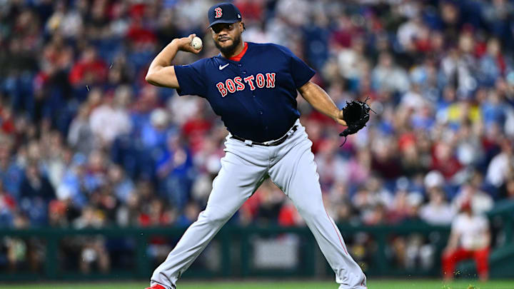 May 6, 2023; Philadelphia, Pennsylvania, USA; Boston Red Sox pitcher Kenley Jansen (74) throws to first base against the Philadelphia Phillies in the ninth inning at Citizens Bank Park. May 6, 2023; Philadelphia, Pennsylvania, USA; Boston Red Sox pitcher Kenley Jansen (74) throws to first base against the Philadelphia Phillies in the ninth inning at Citizens Bank Park.