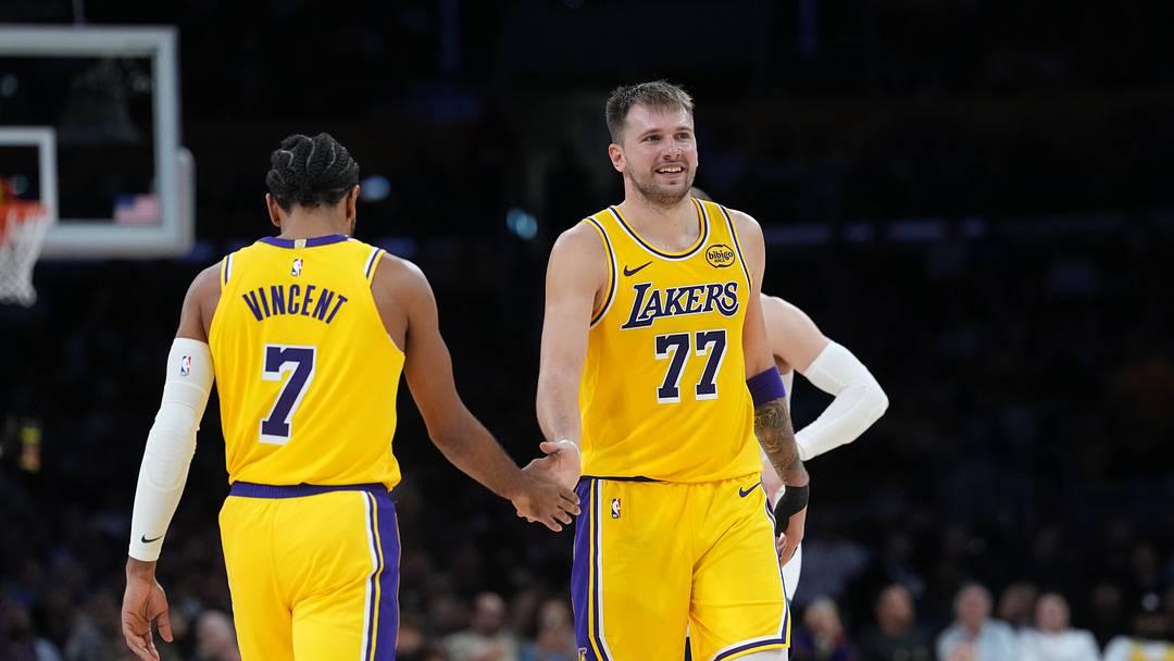 Oct 24, 2025; Los Angeles, California, USA; Los Angeles Lakers guard Luka Doncic (77) celebrates with guard Gabe Vincent (7) in the second half against the Minnesota Timberwolves at Crypto.com Arena. Mandatory Credit: Kirby Lee-Imagn Images Oct 24, 2025; Los Angeles, California, USA; Los Angeles Lakers guard Luka Doncic (77) celebrates with guard Gabe Vincent (7) in the second half against the Minnesota Timberwolves at Crypto.com Arena. Mandatory Credit: Kirby Lee-Imagn Images