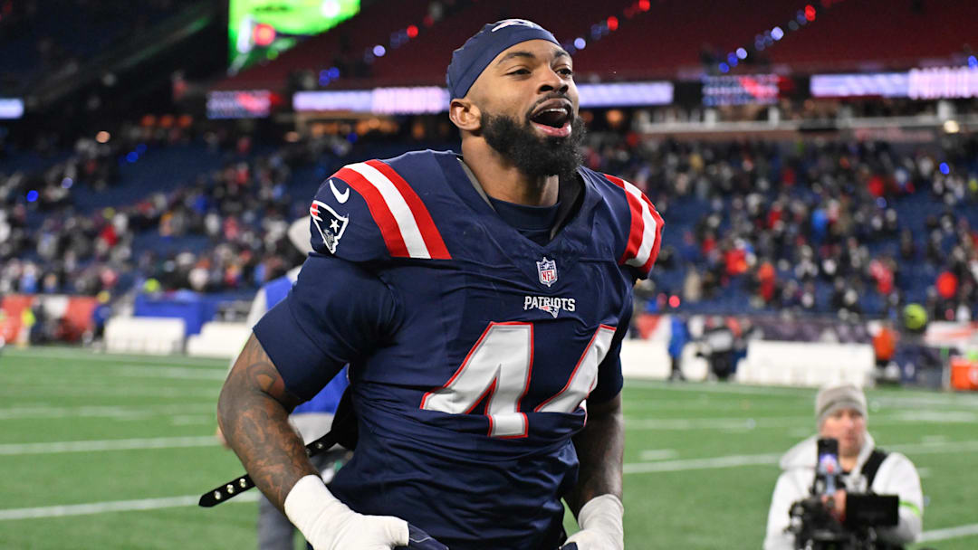 Jan 11, 2026; Foxborough, MA, USA; New England Patriots linebacker K'Lavon Chaisson (44) jogs off the field after defeating the Los Angeles Chargers in an AFC Wild Card Round game at Gillette Stadium. Mandatory Credit: Eric Canha-Imagn Images