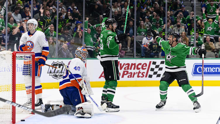 Apr 5, 2022; Dallas, Texas, USA; Dallas Stars center Radek Faksa (12) and center Luke Glendening