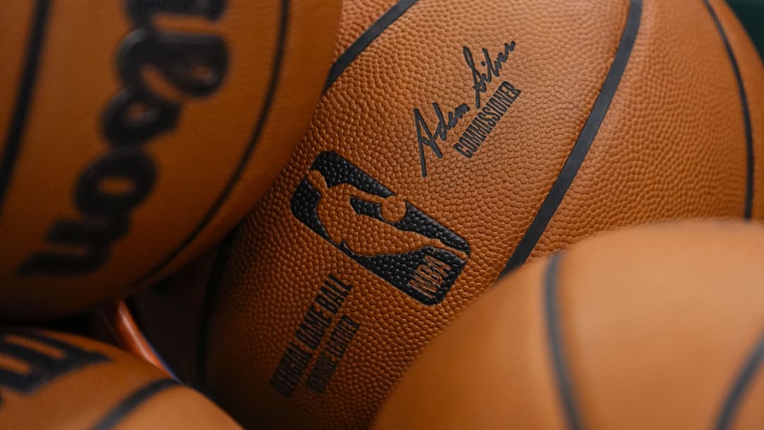 Nov 13, 2024; Milwaukee, Wisconsin, USA;  General view of NBA basketballs during warmups prior to the game between the Detroit Pistons and Milwaukee Bucks at Fiserv Forum. Mandatory Credit: Jeff Hanisch-Imagn Images