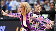 LSU coach Kim Mulkey reacts to a play during the NCAA tournament.