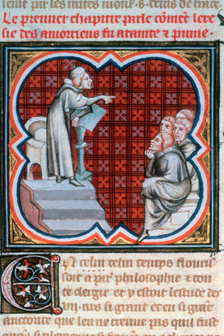 Illustration from a medieval manuscript of Amalric of Bena teaching, circa 1200, at the University of Paris.