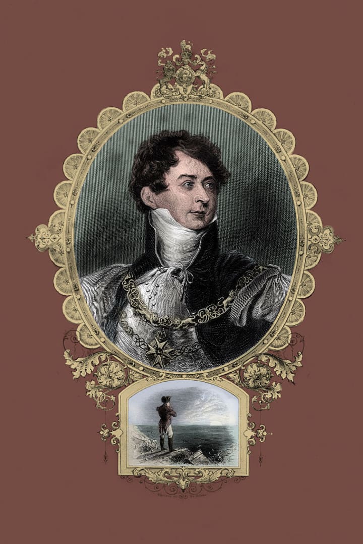 An illustration of the Prince Regent (above) and Napoleon in exile.