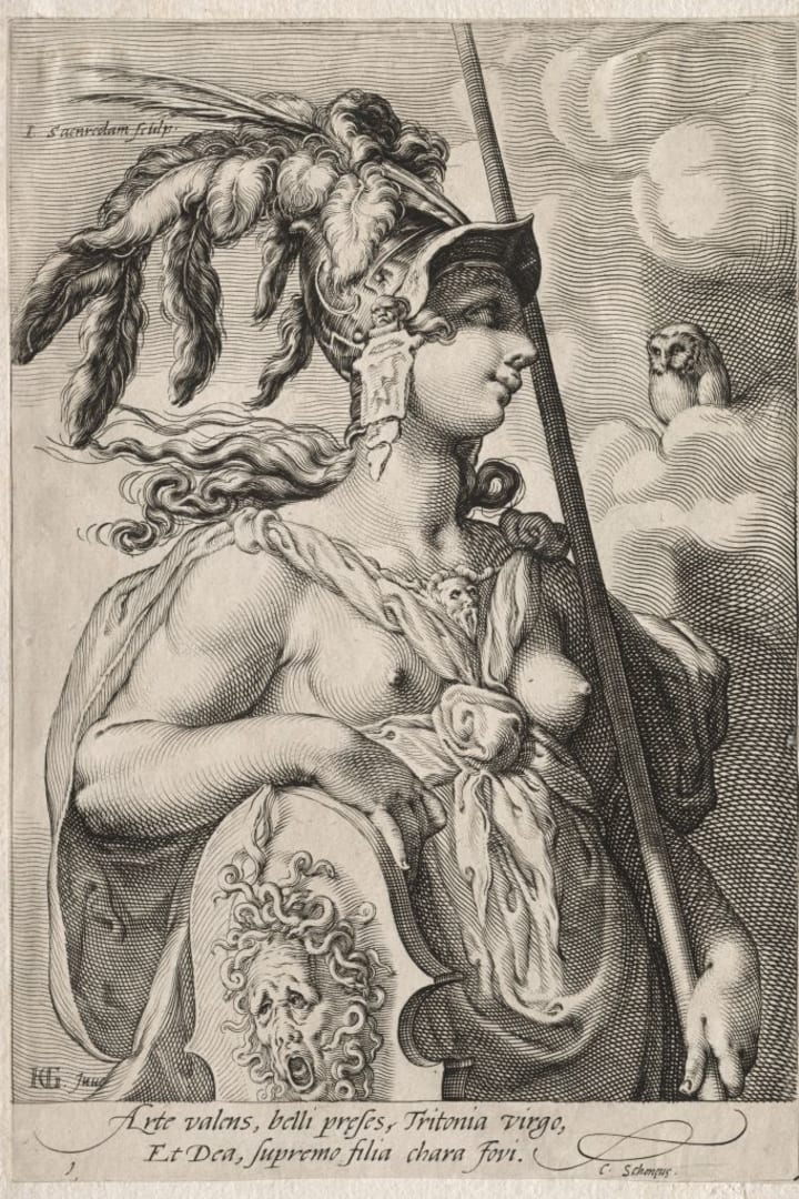 An engraving of Athena and an owl, circa 1595.
