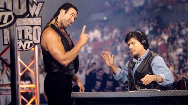 An iconic photo of Scott Hall and Eric Bischoff in WCW