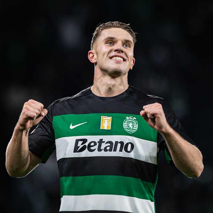 Viktor Gyokeres of Sporting CP celebrates after scoring a...