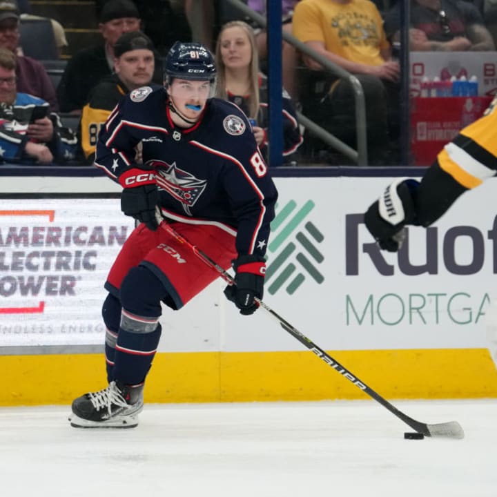 Blue Jackets defenseman Stanislav Svozil skates with the puck.