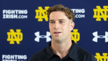 Australian punter James Rendell speaks with media on Thursday, June 20, 2024, at Irish Athletic Complex in South Bend.