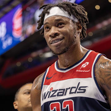 Mar 11, 2025; Detroit, Michigan, USA; Washington Wizards forward Richaun Holmes (22) is ejected from the game for an elbow to the face of Detroit Pistons forward Ausar Thompson (9) (not pictured) during the second half at Little Caesars Arena. Mandatory Credit: David Reginek-Imagn Images