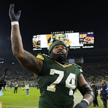Green Bay Packers guard Elgton Jenkins following the game against the New Orleans Saints at Lambeau Field.