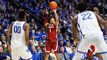 Jan 18, 2025; Lexington, Kentucky, USA; Alabama Crimson Tide guard Mark Sears (1) shoots the ball during the first half against the Kentucky Wildcats at Rupp Arena at Central Bank Center. Mandatory Credit: Jordan Prather-Imagn Images