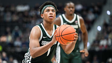 Oct 28, 2025; Hartford, CT, USA; Michigan State Spartans guard Jeremy Fears Jr. (1) shoots a free throw during the second half against the Connecticut Huskies at PeoplesBank Arena. Mandatory Credit: Mark Smith-Imagn Images