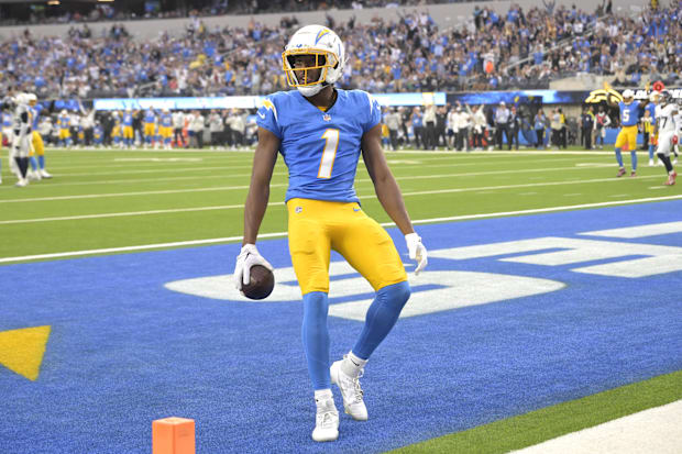 Los Angeles Chargers wide receiver Quentin Johnston celebrates after a touchdown against the Tennessee Titans.