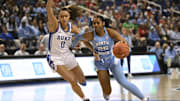 Mar 3, 2023; Greensboro, NC, USA; North Carolina Tar Heels guard Deja Kelly (25) drives against Duke Blue Devils guard Celeste Taylor (0) during the first half at Greensboro Coliseum. Mandatory Credit: William Howard-Imagn Images