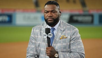 Oct 26, 2024; Los Angeles, California, USA; Fox Sports broadcaster David Ortiz speaks on field after game two between the Los Angeles Dodgers and the New York Yankees in the 2024 MLB World Series at Dodger Stadium. Mandatory Credit: Kirby Lee-Imagn Images