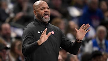 Detroit Pistons head coach J.B. Bickerstaff yells to the referees during the first half against the Dallas Mavericks at the American Airlines Center.