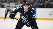 Apr 12, 2025; Seattle, Washington, USA; Seattle Kraken left wing Tye Kartye (12) during the second period against the St. Louis Blues at Climate Pledge Arena. Mandatory Credit: Steven Bisig-Imagn Images