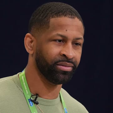 Feb 25, 2025; Indianapolis, IN, USA; Cleveland Browns general manager Andrew Berry speaks during the NFL Scouting Combine at the Indiana Convention Center. Mandatory Credit: Kirby Lee-Imagn Images