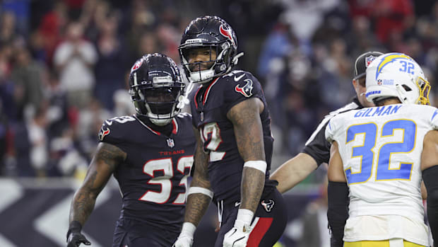 Houston Texans wide receiver Nico Collins (12) reacts after a reception during the game against the Los Angeles Chargers