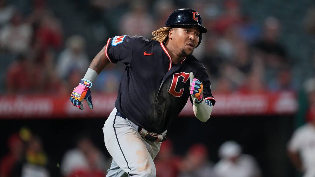 Aug 25, 2026; Anaheim, California, USA; Cleveland Guardians third baseman Jose Ramírez (11) hits a two RBI double in the 10th inning against the Los Angeles Angels at Angel Stadium. Mandatory Credit: Kirby Lee-Imagn Images Aug 25, 2026; Anaheim, California, USA; Cleveland Guardians third baseman Jose Ramírez (11) hits a two RBI double in the 10th inning against the Los Angeles Angels at Angel Stadium. Mandatory Credit: Kirby Lee-Imagn Images