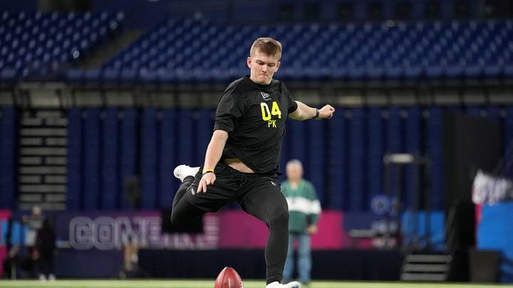 Feb 25, 2026; Indianapolis, IN, USA; Iowa place kicker Drew Stevens (PK04) kicks the ball during the NFL Scouting Combine at Lucas Oil Stadium. Mandatory Credit: Kirby Lee-Imagn Images