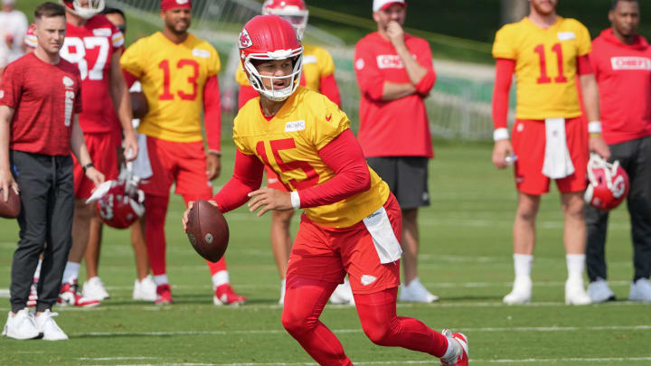 Jul 22, 2024; St. Joseph, MO, USA; Kansas City Chiefs quarterback Patrick Mahomes (15) drops back to pass during training camp at Missouri Western State University. Mandatory Credit: Denny Medley-USA TODAY Sports