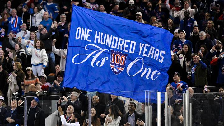 Nov 16, 2025; New York, New York, USA; General view of a flag being waved by New York Rangers staff during the second period against the Detroit Red Wings at Madison Square Garden. Nov 16, 2025; New York, New York, USA; General view of a flag being waved by New York Rangers staff during the second period against the Detroit Red Wings at Madison Square Garden.