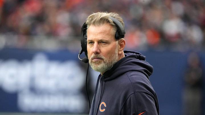 Oct 13, 2024; London, United Kingdom; Chicago Bears coach Matt Eberflus watches from the sidelines against the Jacksonville Jaguars in the second half during an NFL International Series game at Tottenham Hotspur Stadium. Mandatory Credit: Kirby Lee-Imagn Images